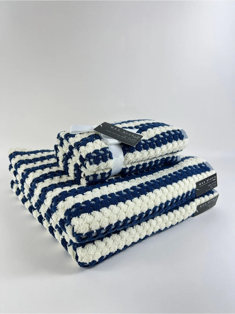 Max Studio Bath Towels Navy Cream Stripe Waffle Texture Soft Cotton 4 Pc NEW